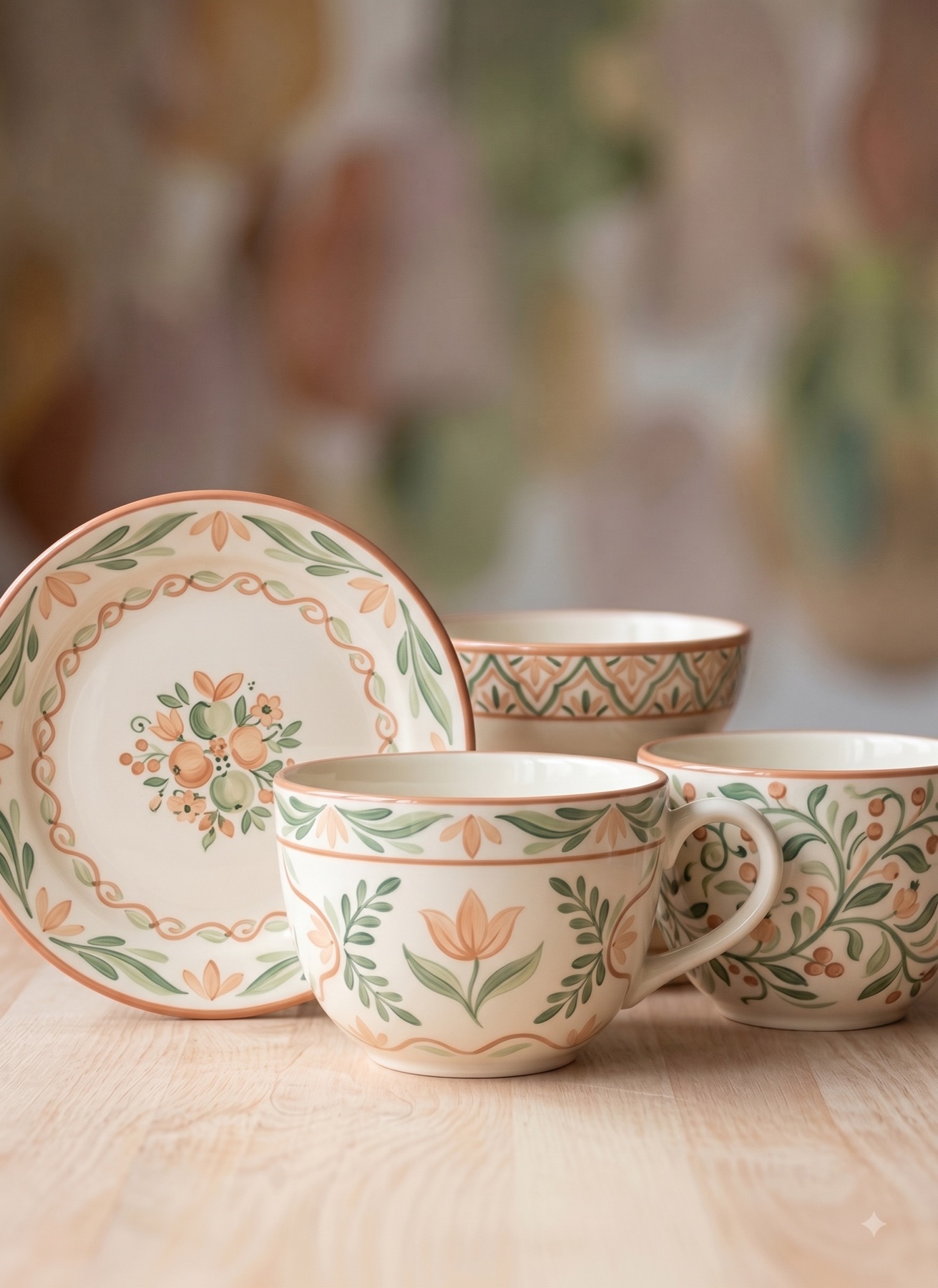 Set aus Teller, Schale und Tassen mit floralem Dekor